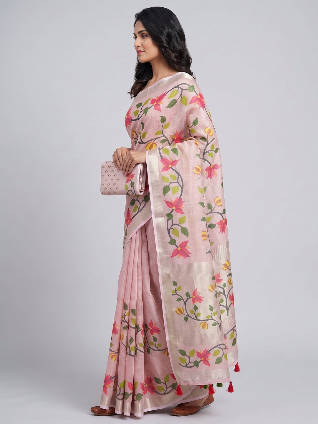 Pink Floral Printed Tissue Cotton Silk Saree Enhanced with a Classic Zari Weaving Border - Image 3