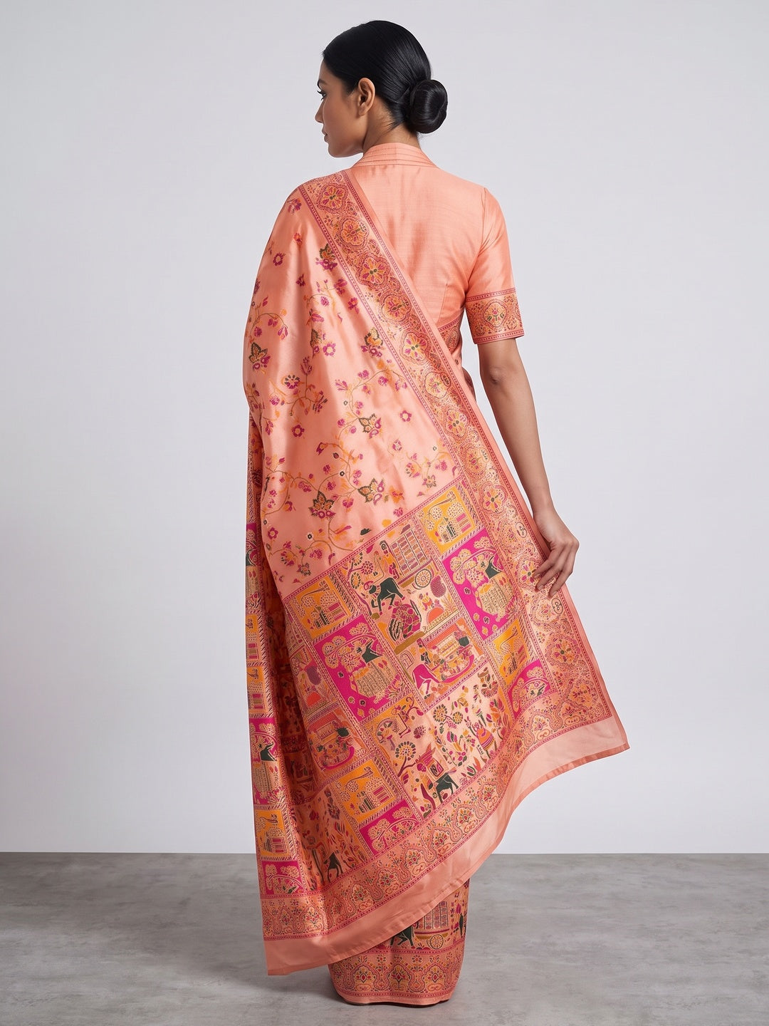 Royal Peach Pashmina Silk Saree with Rajwadi Zari Weaving - Image 2