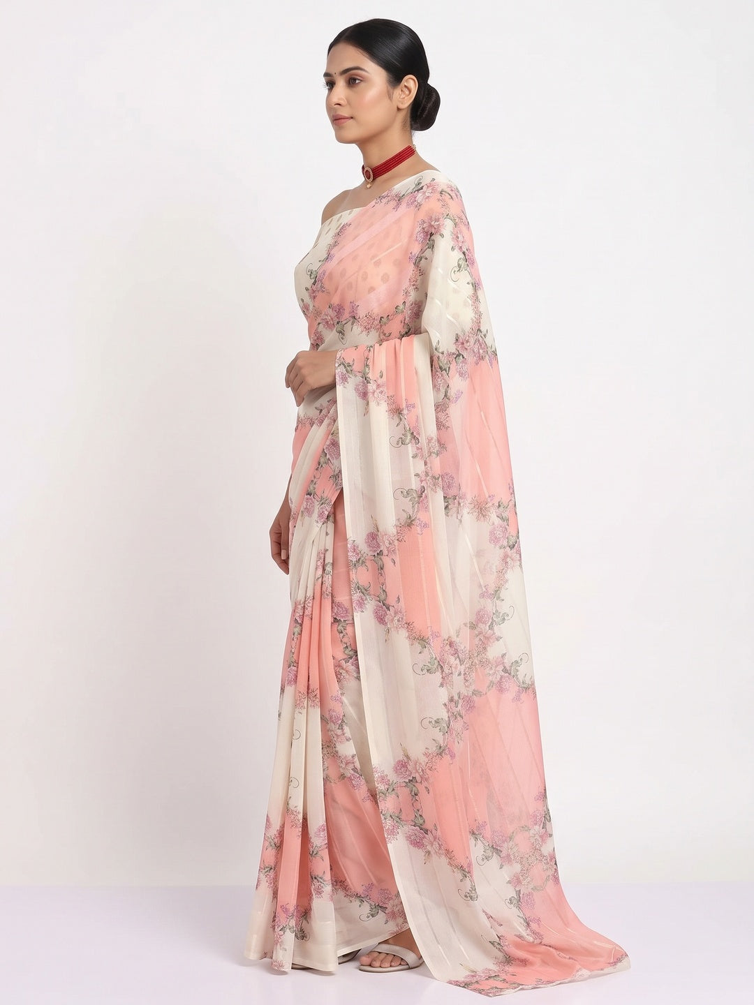 White & Peach Bloom Floral Digital Printed Georgette Saree Accentuated With Graceful Zari Stripes - Image 3