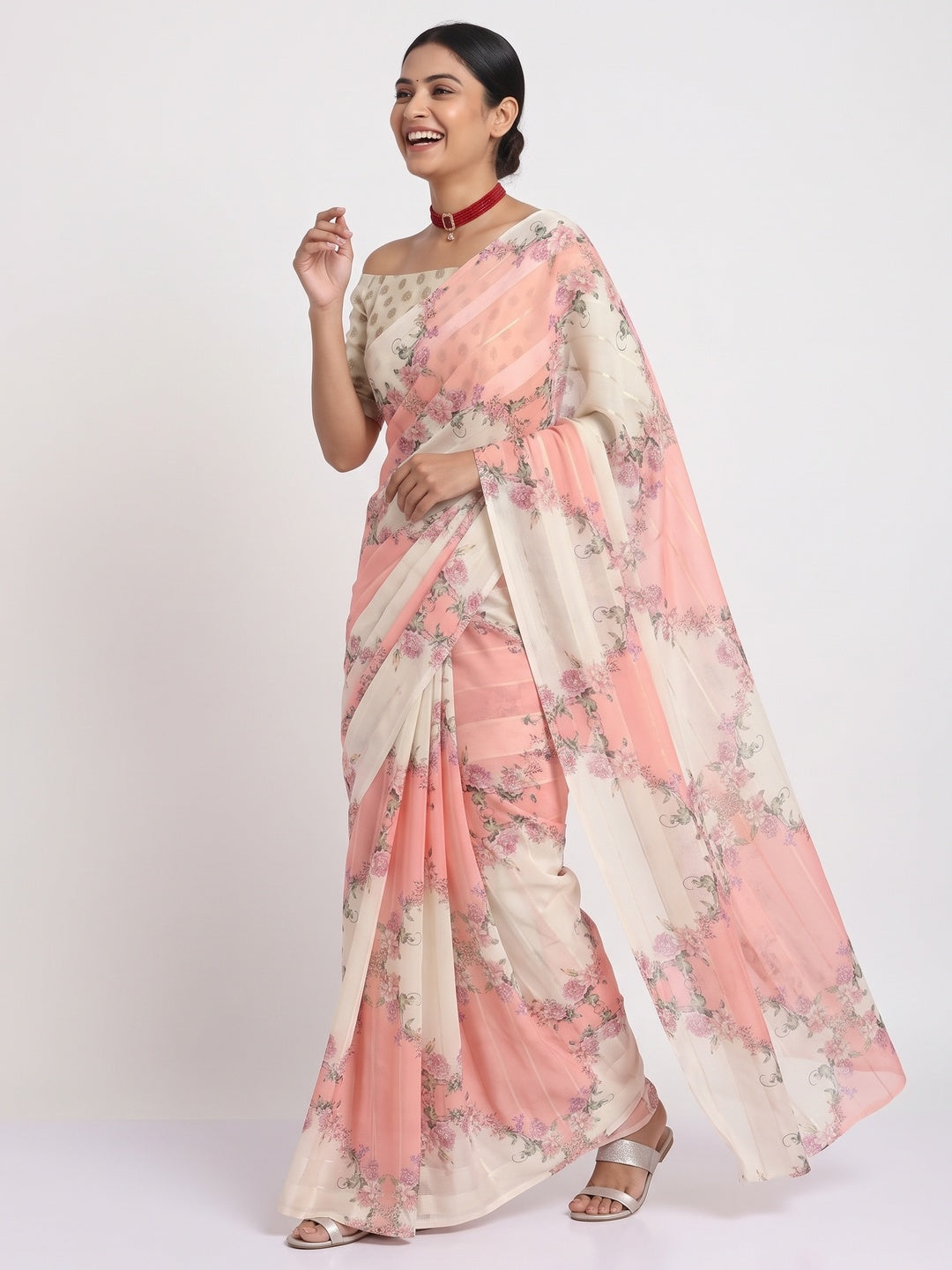 White & Peach Bloom Floral Digital Printed Georgette Saree Accentuated With Graceful Zari Stripes - Image 4