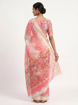Gajari Pink Floral Digital Printed Chanderi Cotton Saree - Image 2