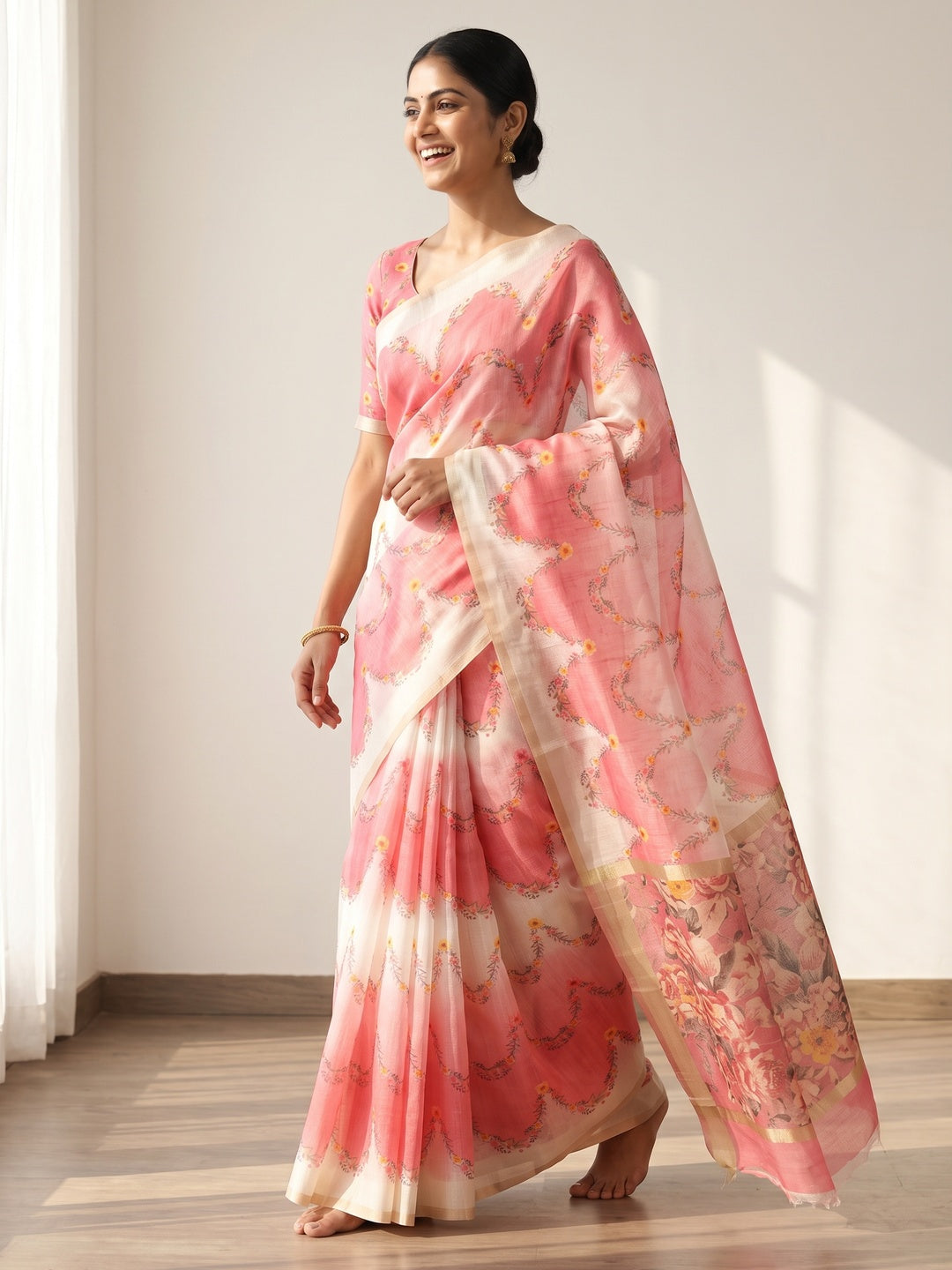 Gajari Pink Floral Digital Printed Chanderi Cotton Saree - Image 4
