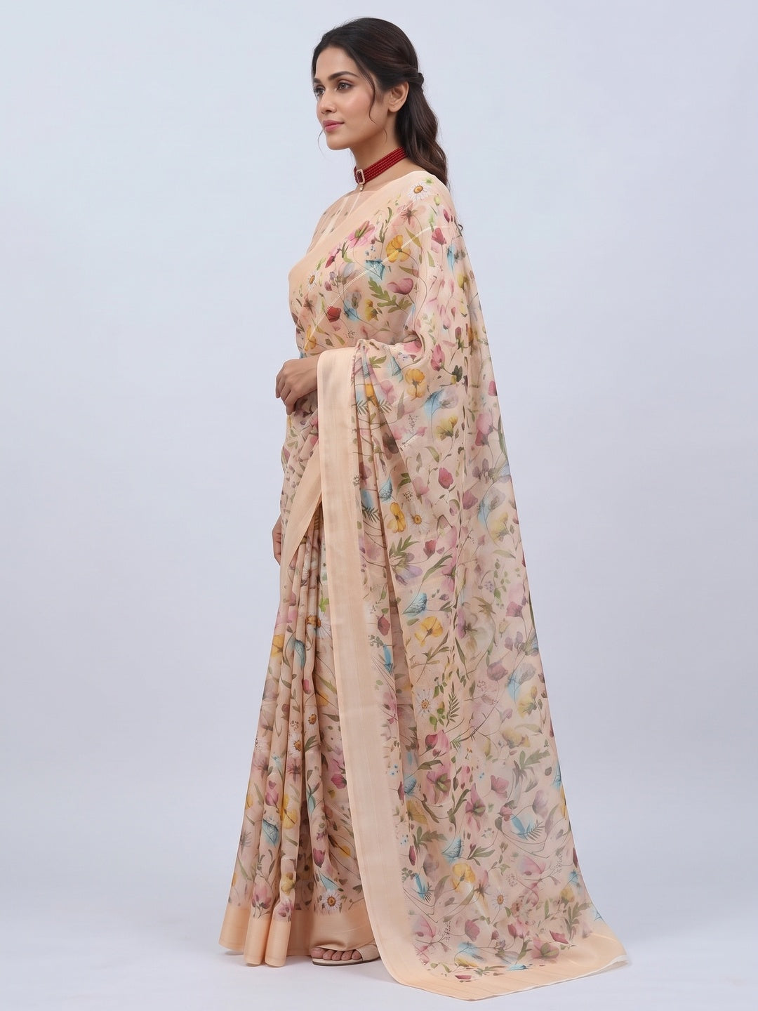 Peach Bloom Floral Digital Printed Georgette Saree Accentuated With Graceful Zari Stripes - Image 3