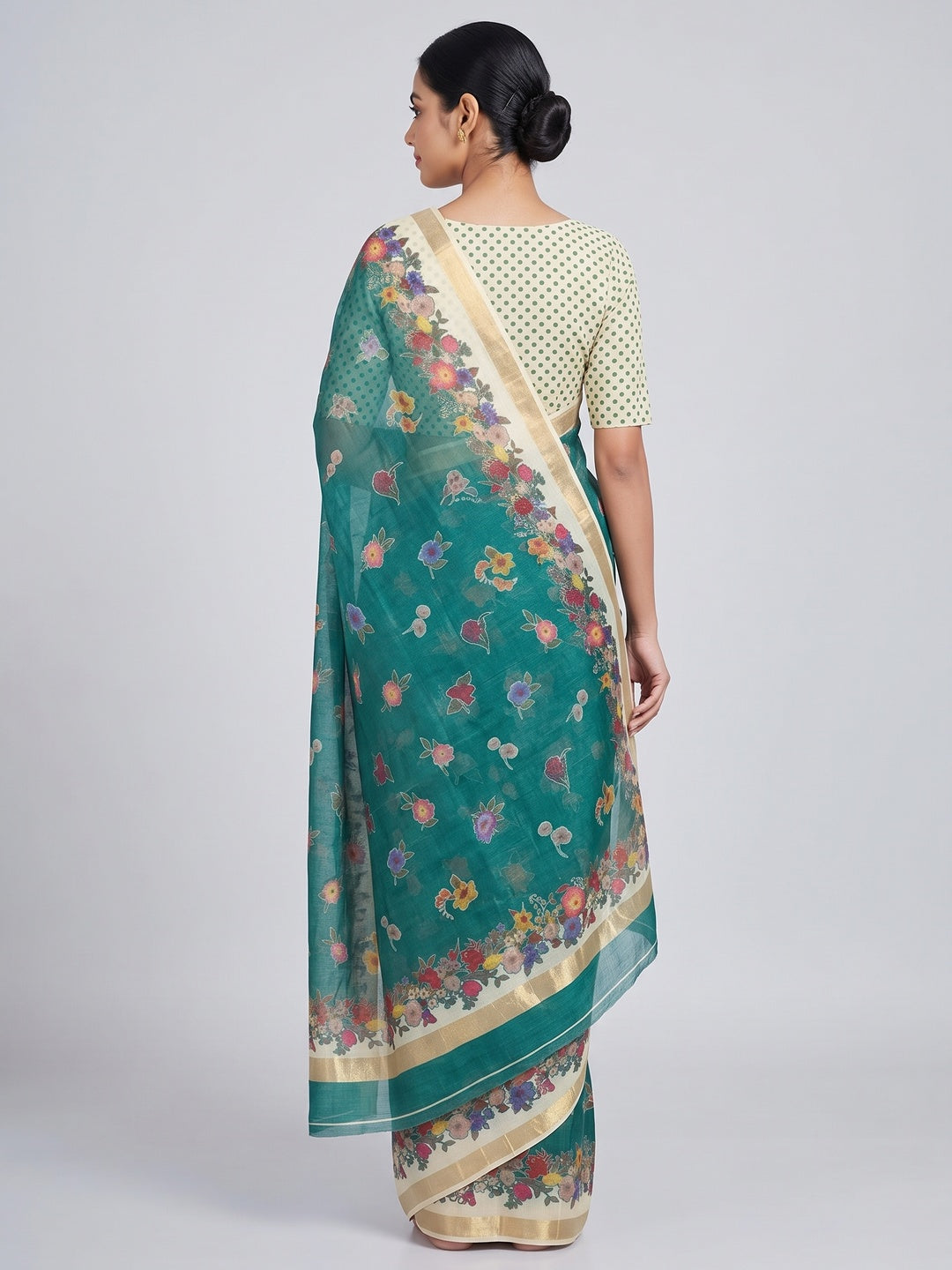 Green Floral Digital Print Chanderi Cotton Saree Enhanced With Charming Zari Weaving Border - Image 2