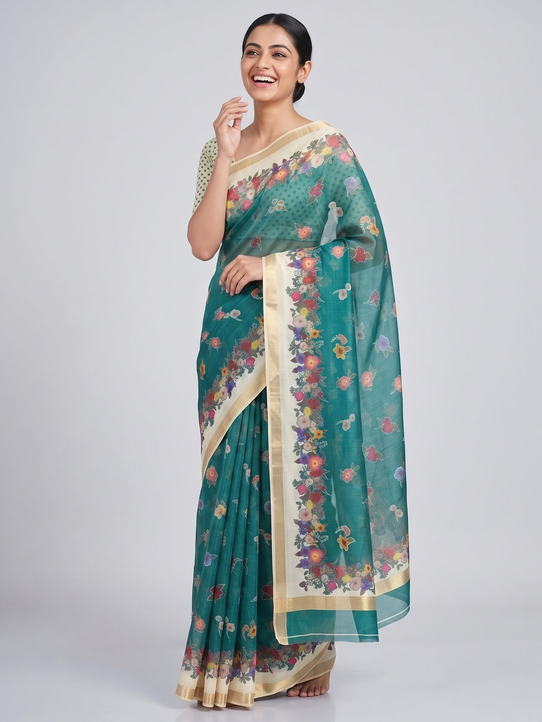 Green Floral Digital Print Chanderi Cotton Saree Enhanced With Charming Zari Weaving Border - Image 4