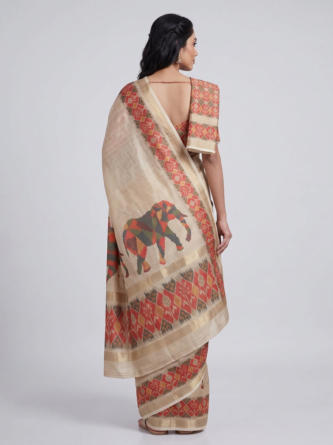 Beige Digital Print Saree in Premium Tissue Cotton Silk for Festive & Elegant Styling - Image 2