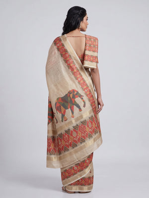Beige Digital Print Saree in Premium Tissue Cotton Silk for Festive & Elegant Styling - Image 2