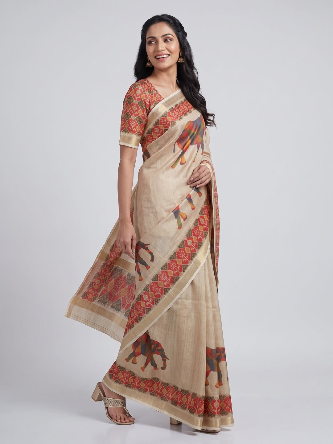 Beige Digital Print Saree in Premium Tissue Cotton Silk for Festive & Elegant Styling - Image 4