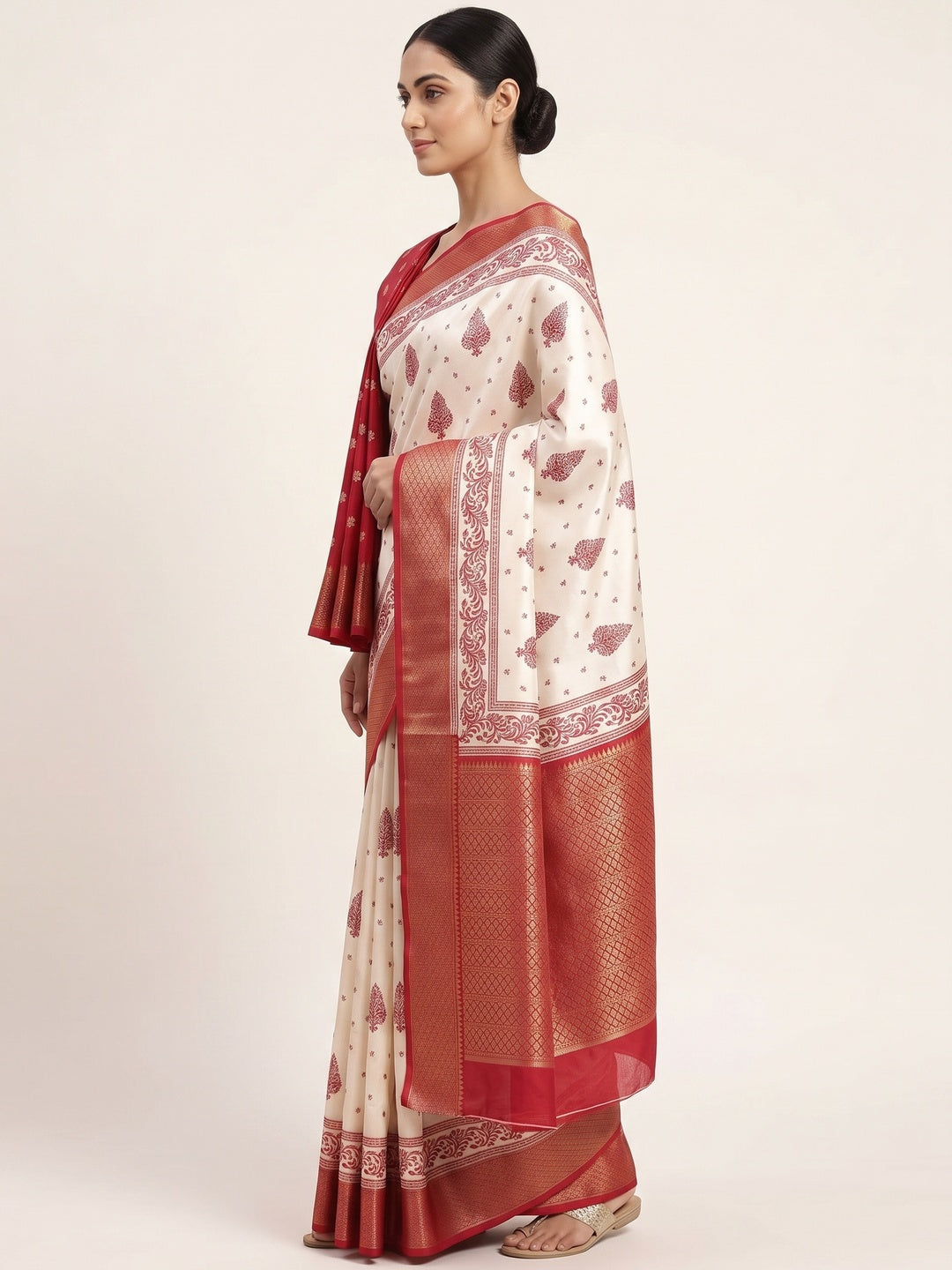 Offwhite & Red Floral Printed Dola Silk Saree With Intricate Woven Border - Image 3
