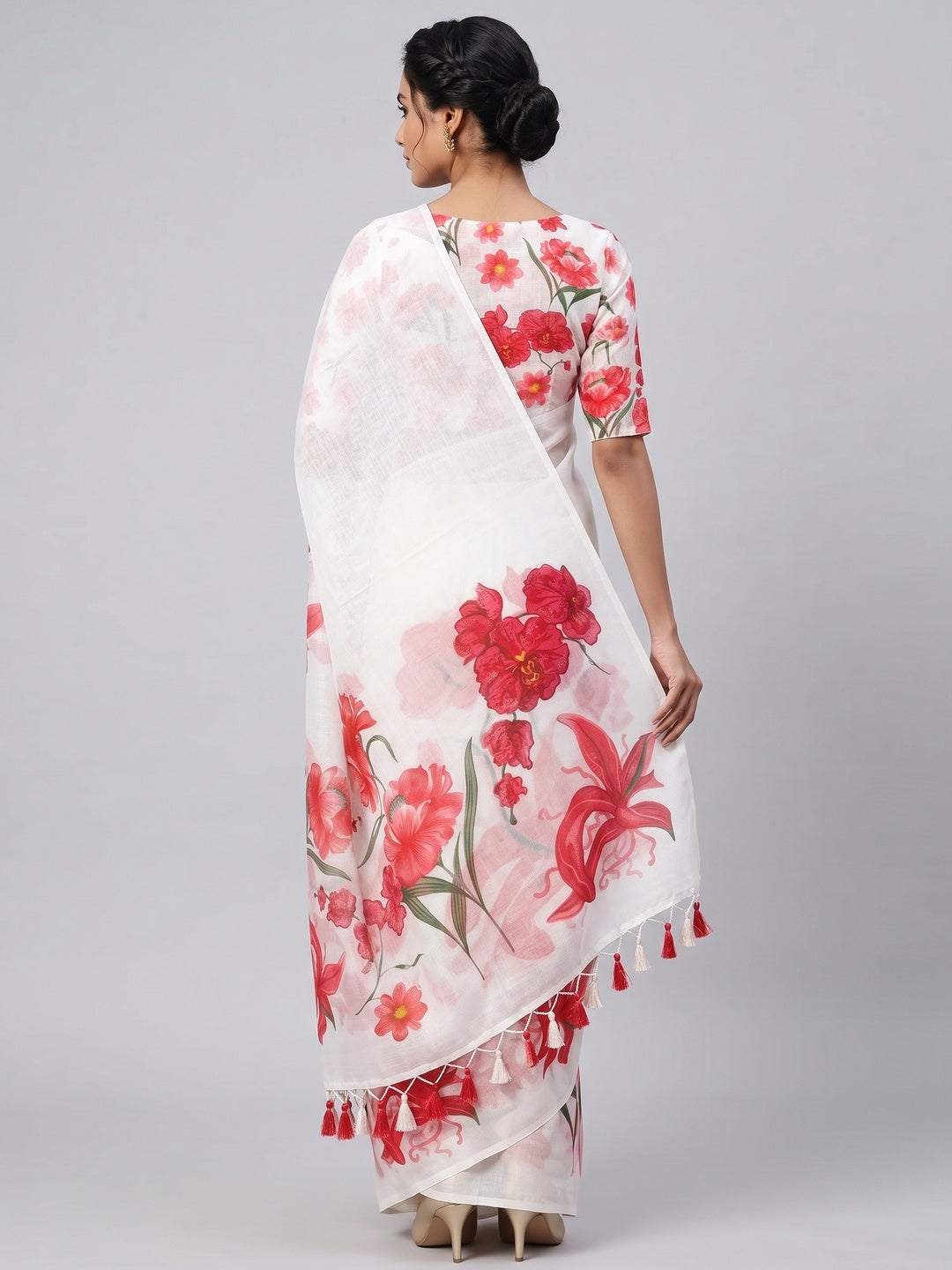 White Chanderi Cotton Saree Featuring Digital Floral Prints & Decorative Tassel Pallu - Image 2