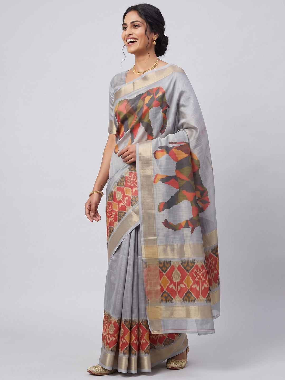 Grey Digital Print Saree in Premium Tissue Cotton Silk for Festive & Elegant Styling - Image 4