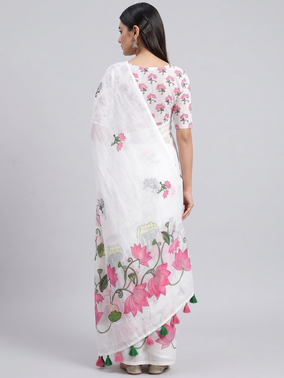 Elegant White Linen Saree with Pichwai Lotus Print and Tassel Detail - Image 2
