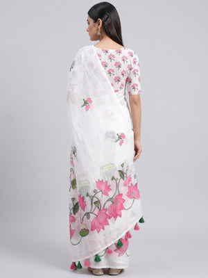Elegant White Linen Saree with Pichwai Lotus Print and Tassel Detail - Image 2