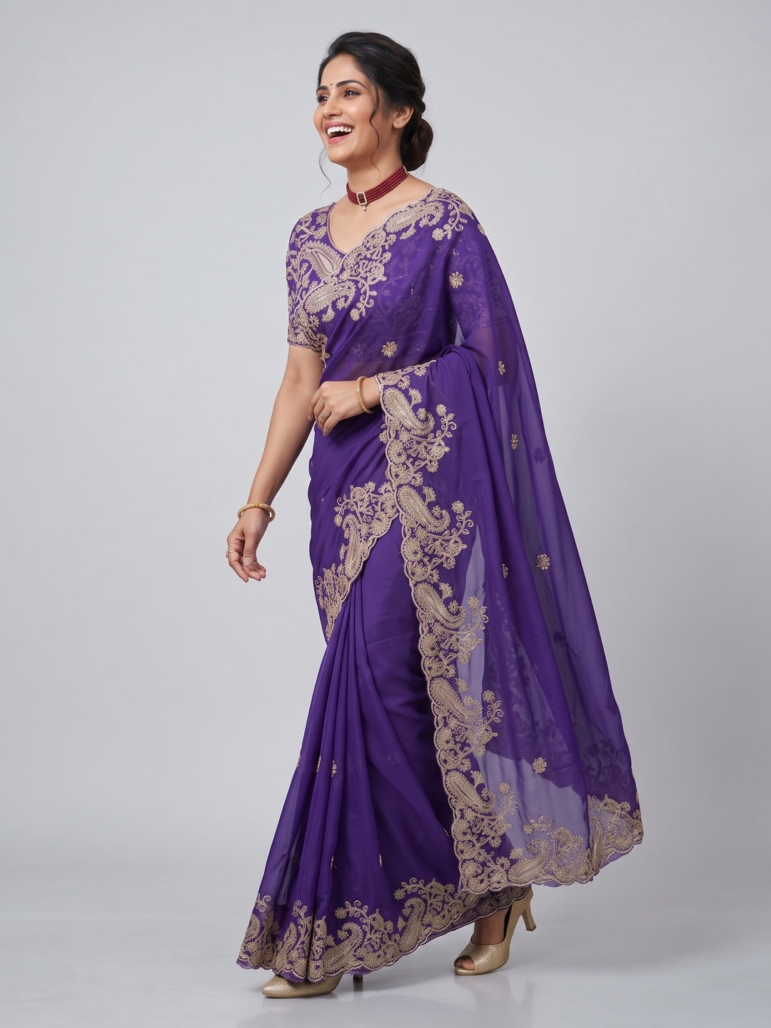 Violet Silk-Blend Saree Featuring Delicate Embroidery and Shimmering Sequins Work - Image 4