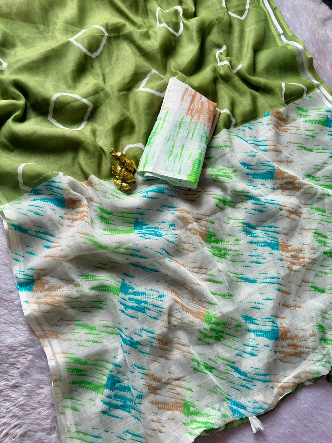 Peachmode Olive Shibori Printed Linen Cotton Saree - Image 3