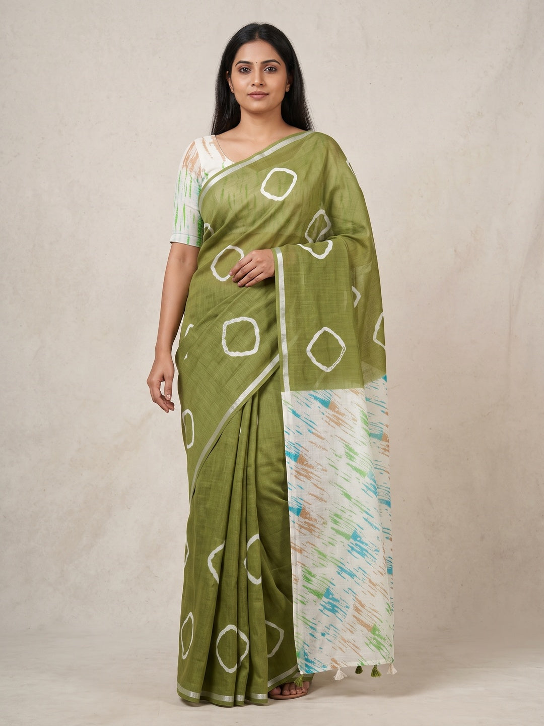 Peachmode Olive Shibori Printed Linen Cotton Saree - Image 1