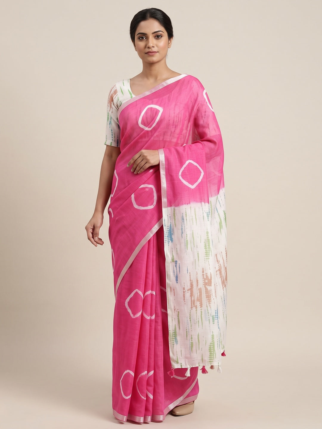 Peachmode Pink Shibori Printed Linen Cotton Saree - Image 1