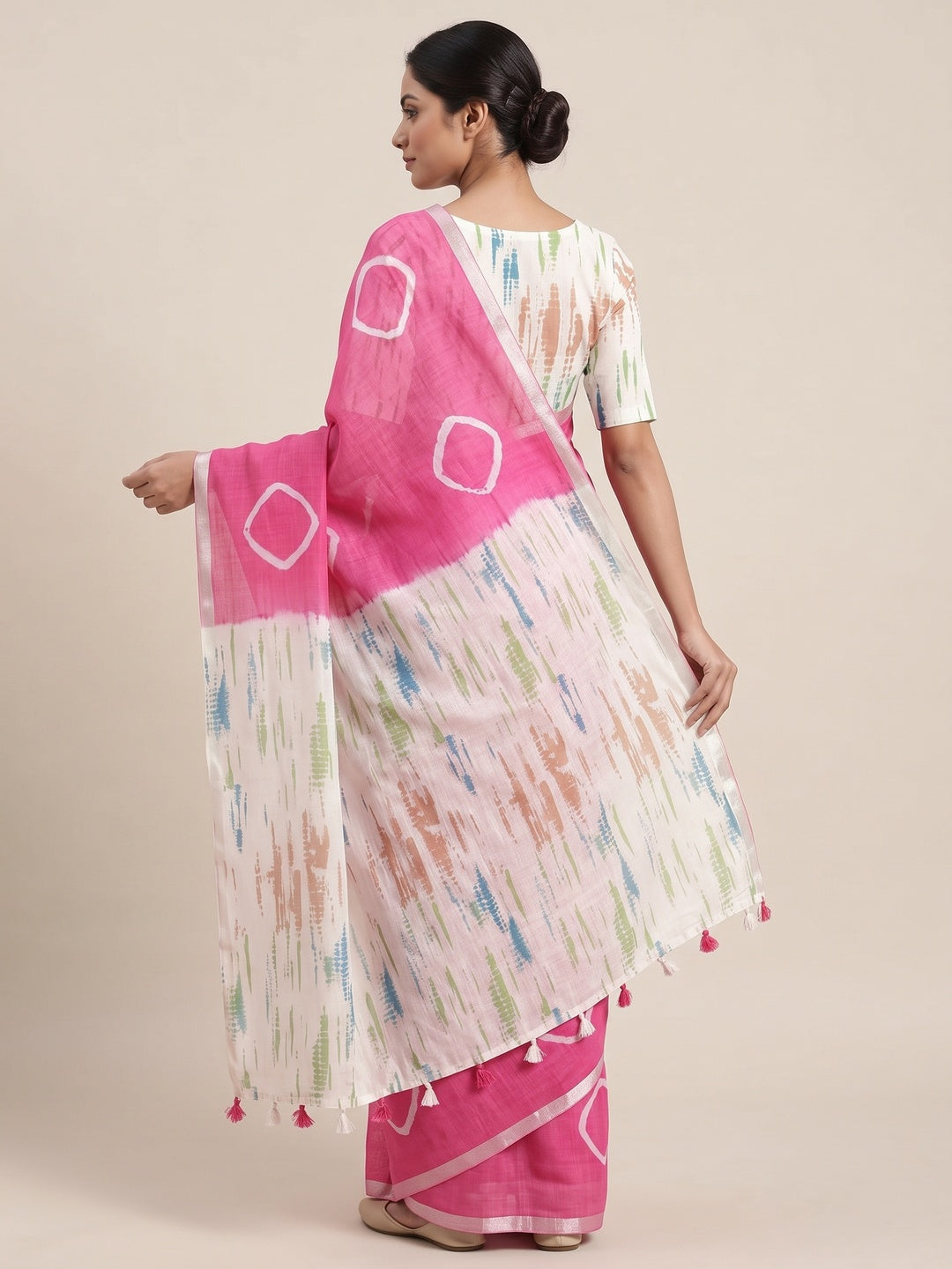 Peachmode Pink Shibori Printed Linen Cotton Saree - Image 5