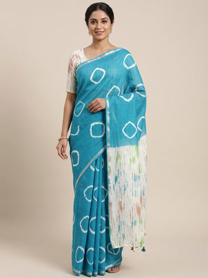 Peachmode Rama Blue Shibori Printed Linen Cotton Saree - Image 1