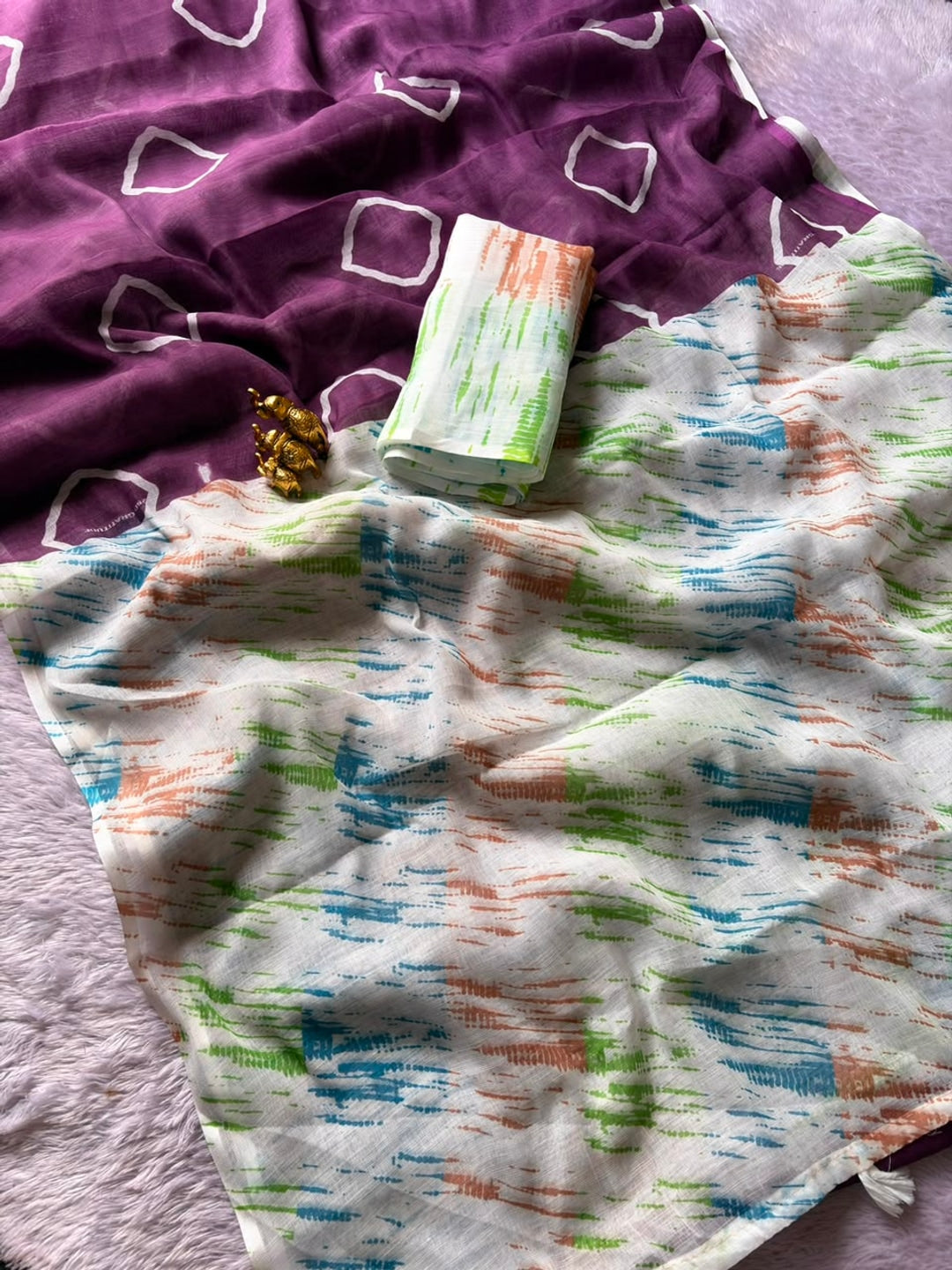 Peachmode Wine Shibori Printed Linen Cotton Saree - Image 3