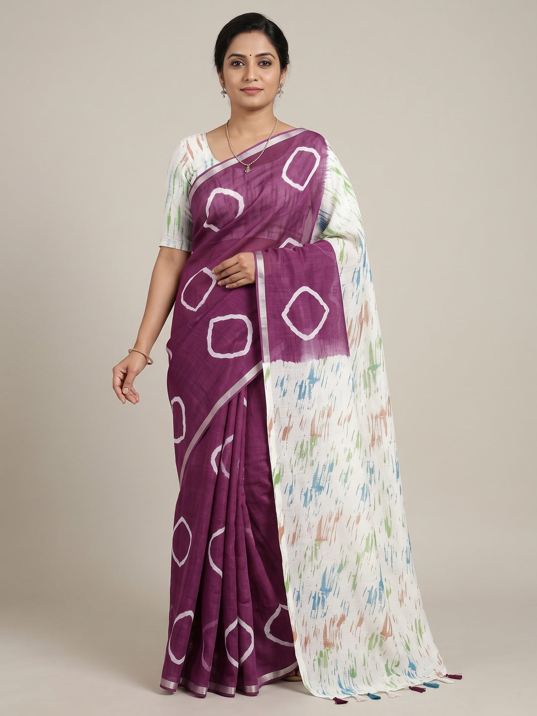 Peachmode Wine Shibori Printed Linen Cotton Saree - Image 1