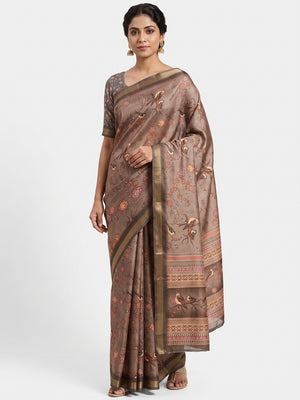 Brown Floral & Bird Digital Printed Dola Silk Saree With Elegant Zari Border - Image 1