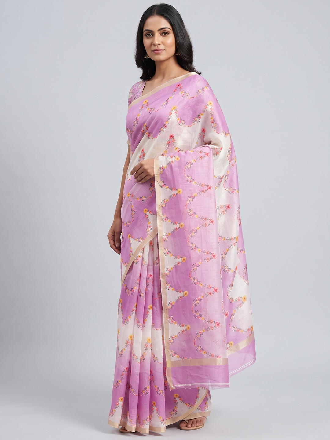 Light Magenta  Floral Digital Printed Chanderi Cotton Saree - Image 1