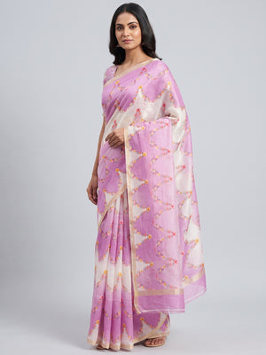 Light Magenta  Floral Digital Printed Chanderi Cotton Saree - Image 1