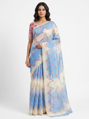 Blue Floral Digital Printed Chanderi Cotton Saree - Image 1
