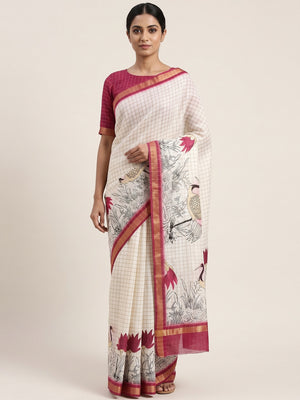 Off White and Pink Checkered Printed Linen Saree with a Breezy Feel - Image 1