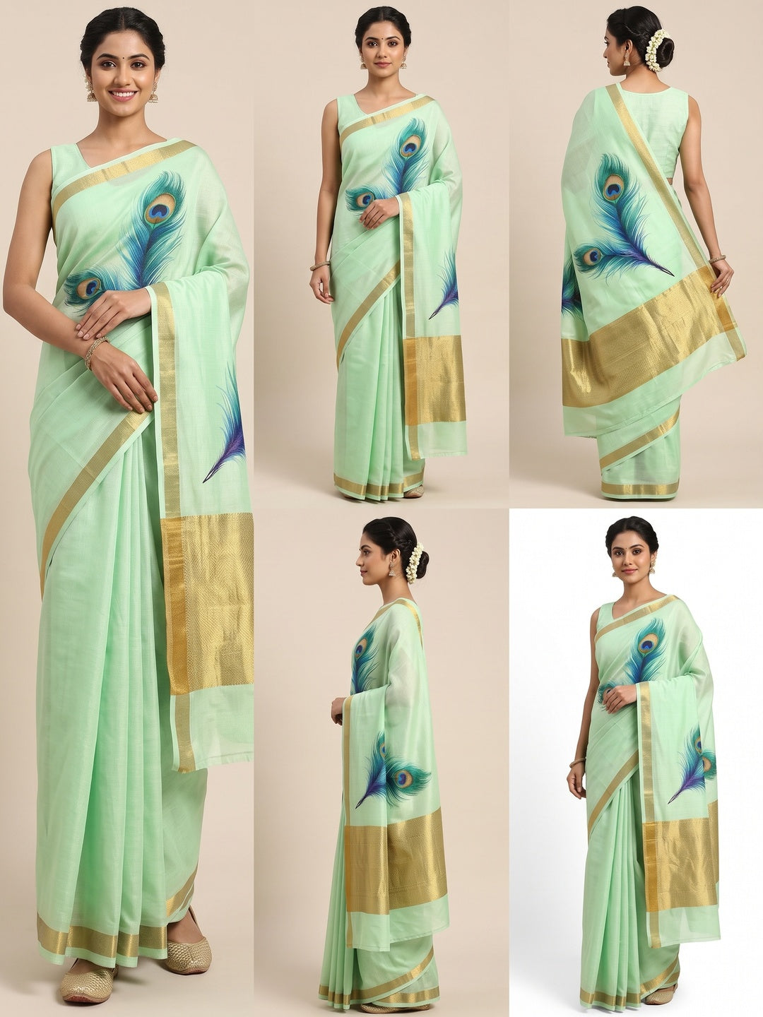 Charming Mint Green Soft Tussar Cotton Silk Saree With Peacock Feathers Print - Image 1