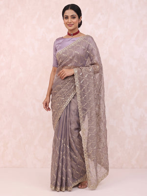 Lavender Partywear Organza Chiffon Silk Saree Highlighted with Fine Sequins Detailing - Image 1