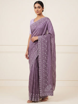 Dusty Lavender  Silk Blend Crush Saree Adorned With Floral Thread Embroidery & Sequins - Image 1