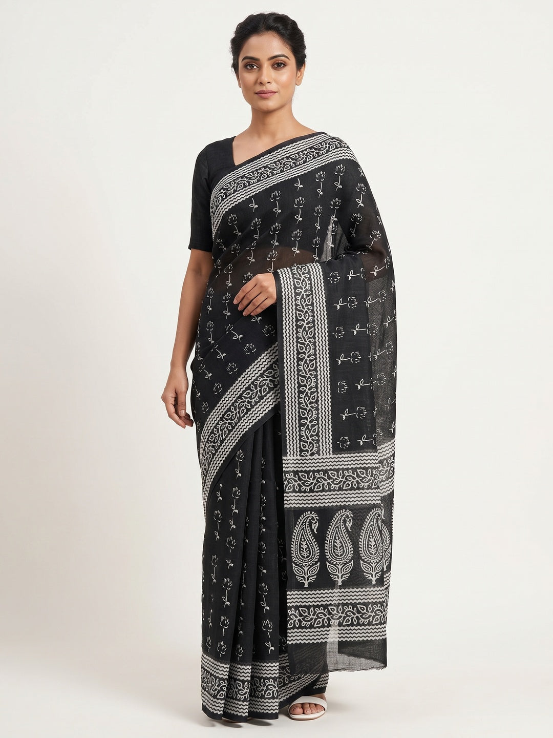 Black Soft Linen Saree with Artistic Print - Image 1