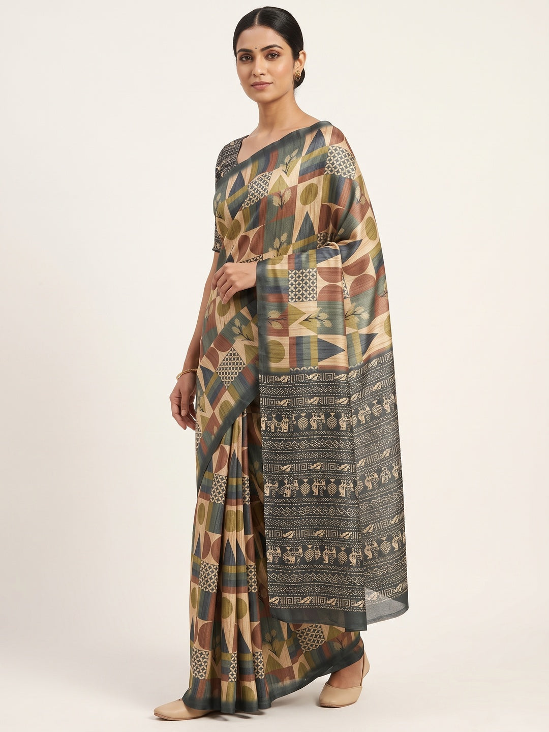 Beige Tussar Silk Blend Saree Featuring Modern Geometric Prints for a Festive Look - Image 1