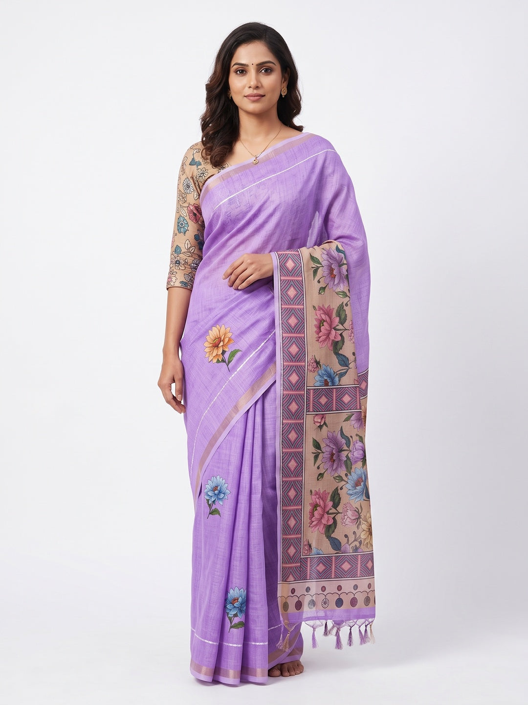 Elegant Lavender Floral Digital Printed Linen Cotton Saree With Woven Border & Tassel Pallu - Image 1