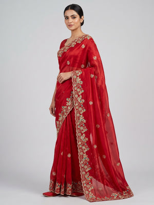 Red Organza Satin Silk Saree Beautifully Detailed with Elegant Floral Embroidery - Image 1