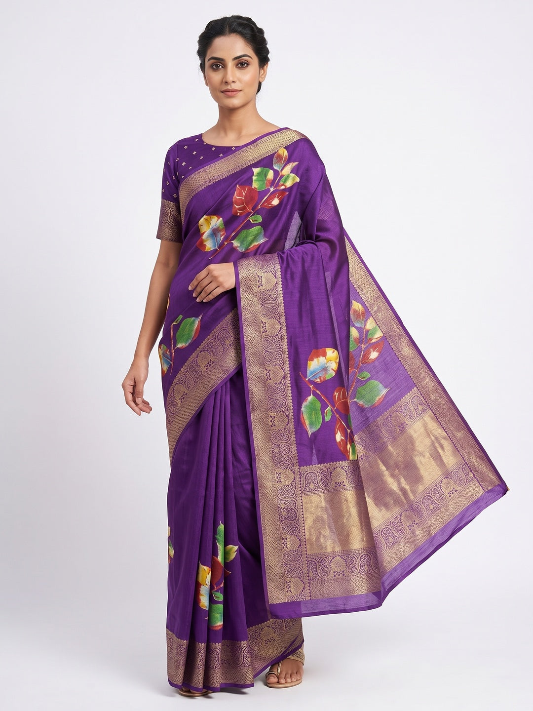 Purple Floral Printed Dola Silk Saree - Image 1