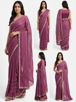 Mauve Soft Satin Chiffon Saree Adorned with Intricate Sequins Detailing - Image 1