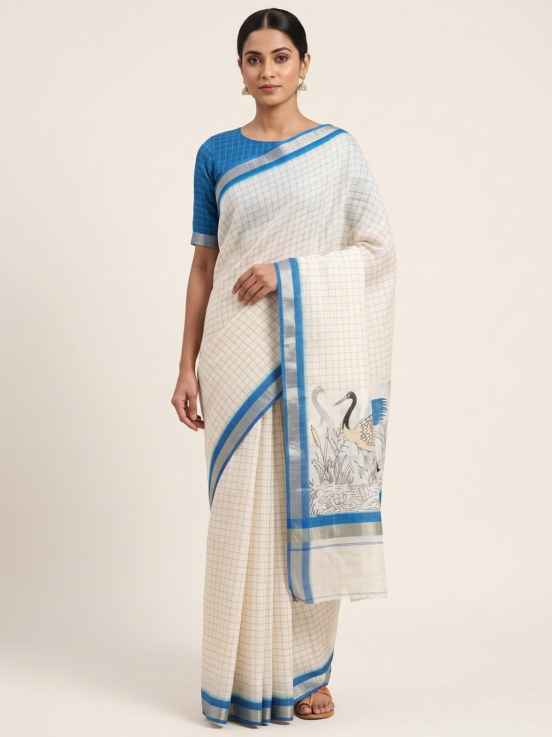 Off White and Blue Checkered Printed Linen Saree with a Breezy Feel - Image 1