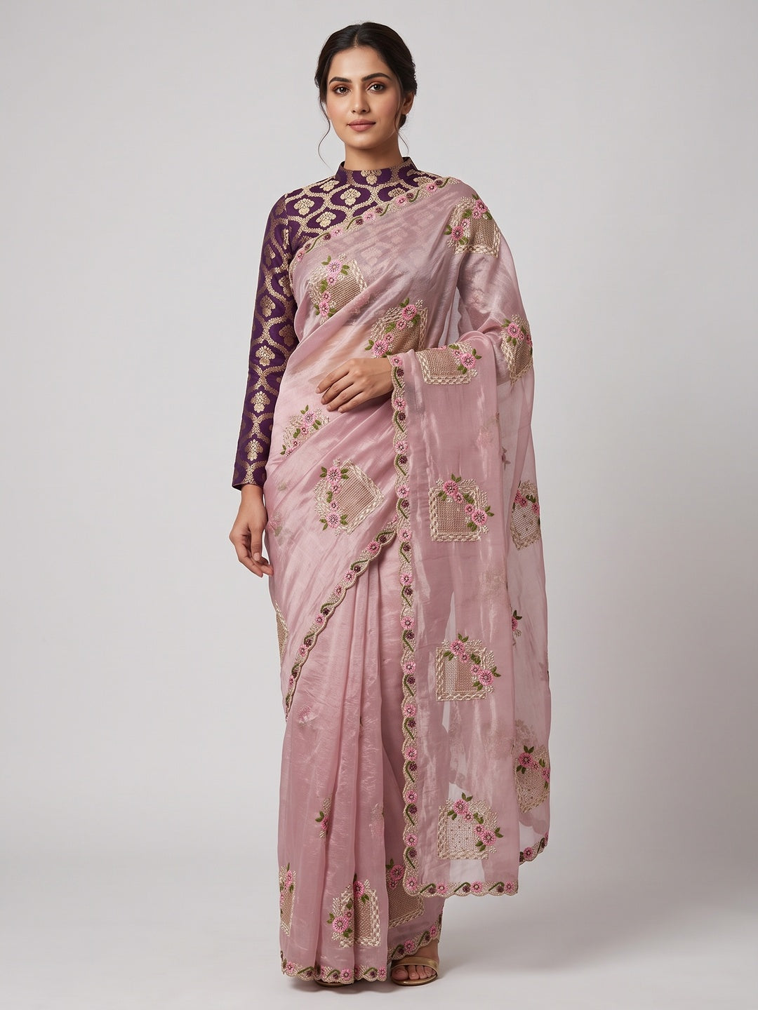 Stunning Pink Floral Embroidery & Swarovski Adorned Paper Silk Saree with Cutwork Border - Image 1