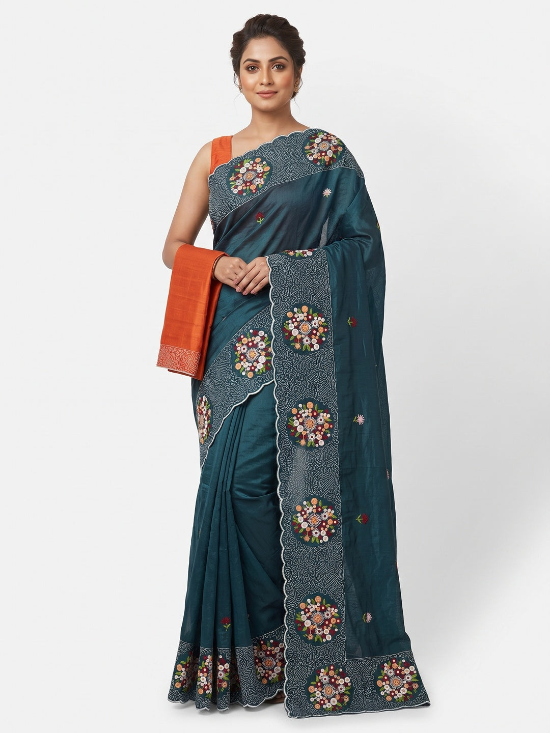 Deep Teal Cotton Silk Saree with Beautiful Floral Embroidery for Parties & Celebrations - Image 1