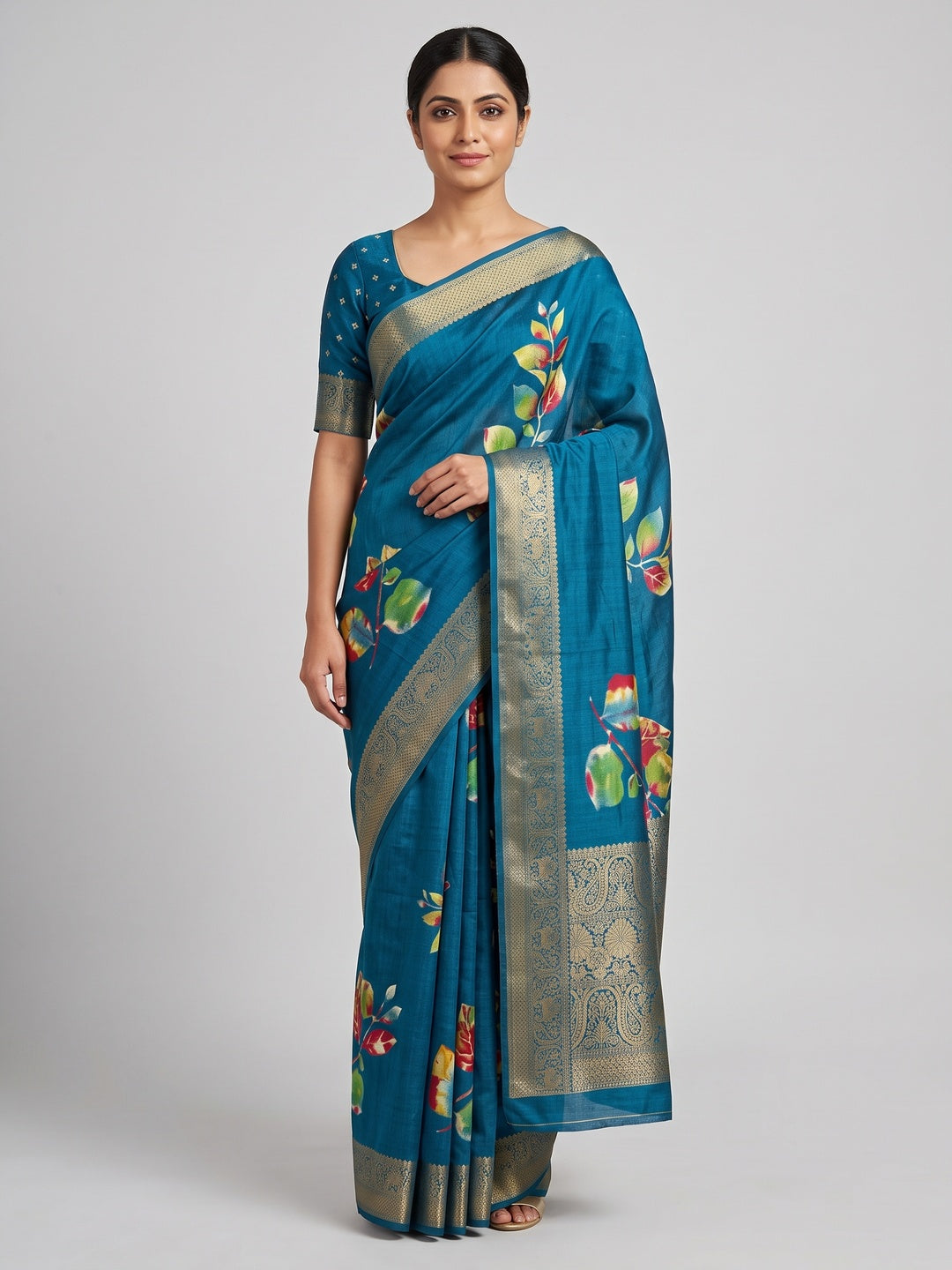 Teal Floral Printed Dola Silk Saree - Image 1
