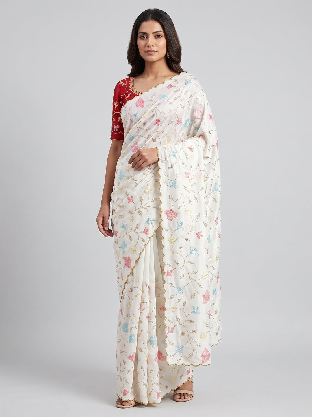 Graceful White Vichitra Silk Saree Adorned With Floral Sequins Embroidery & Golden Arco Border - Image 1