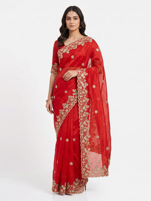 Red Floral Embroidered Lightweight Organza Satin Silk Saree for Party and Festive Wear - Image 1