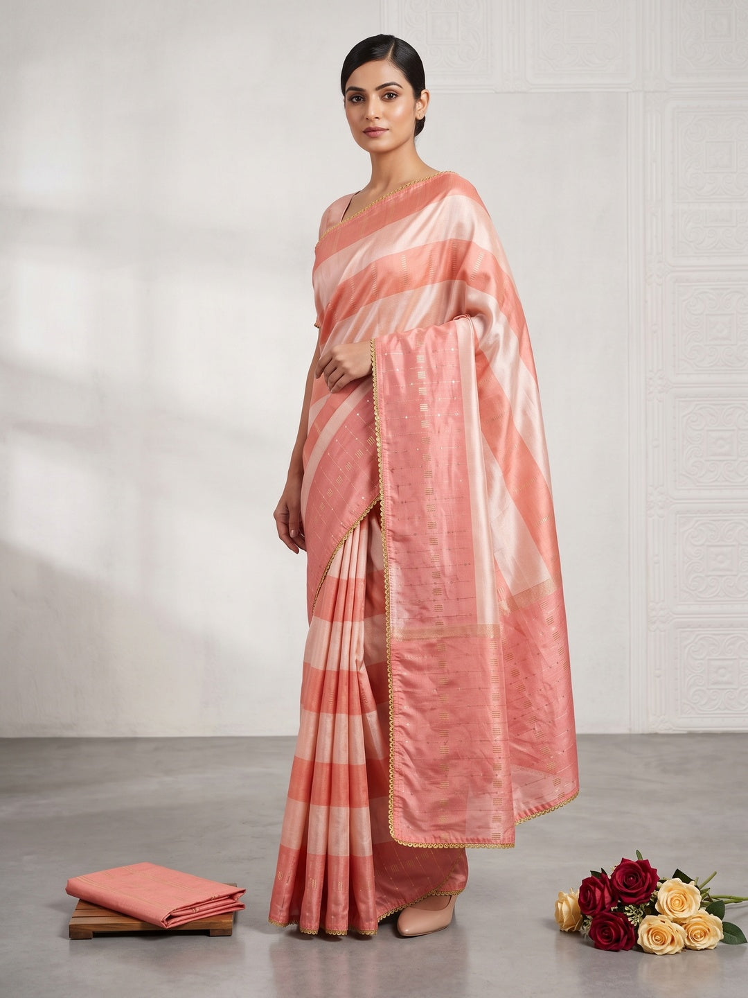 Peach Zari Woven With Sequins Work Tussar Silk Saree With Lace Border - Image 1