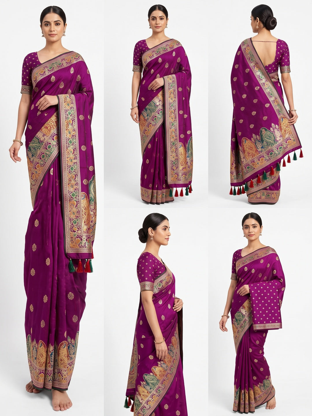 Dark Magenta Luxury Pure Silk Saree Crafted With Floral Meenakari Foil Print & Trendy Tassel Pallu - Image 1