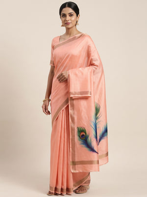 Charming Peach Soft Tussar Cotton Silk Saree With Peacock Feathers Print - Image 1