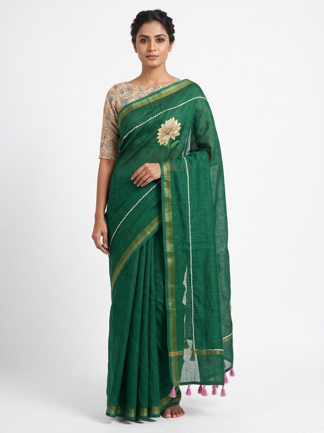 Elegant Green Floral Digital Printed Linen Cotton Saree With Woven Border & Tassel Pallu - Image 1