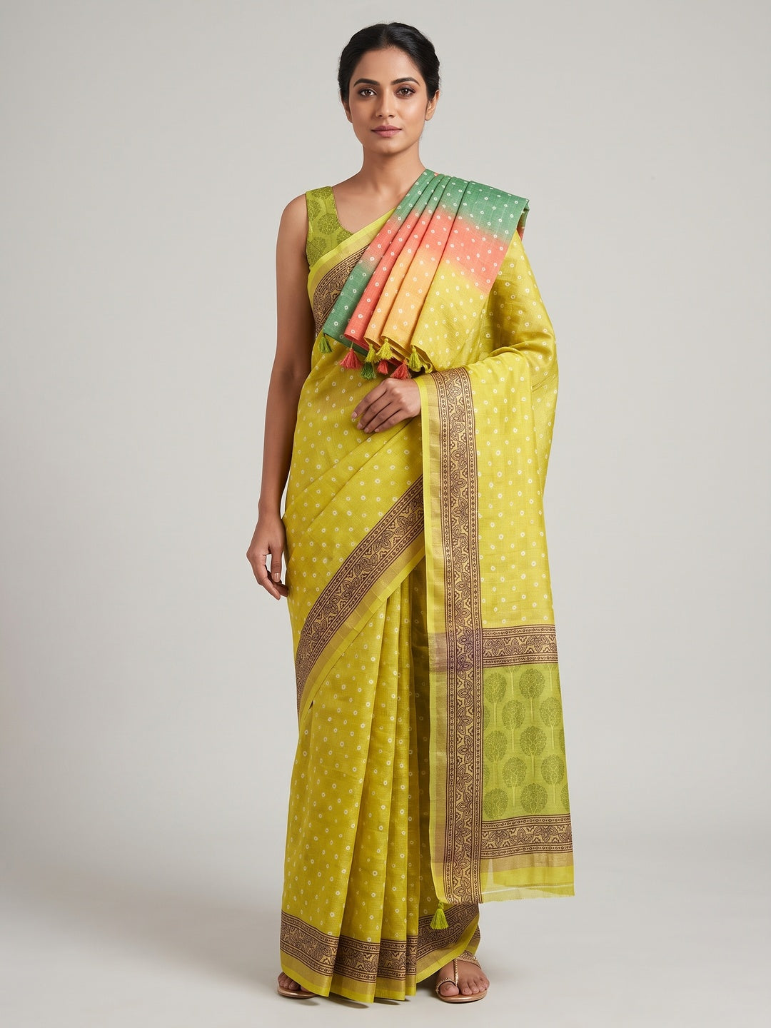 Multicolor Bandhani Print Saree in Elegant Maheshwari Cotton Silk - Image 1